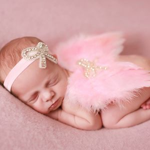 Nouveau-né Baby Feather aile avec strass Brow Bandeau de la bande de photographie Set Enfant Joli Angel Fairy Rose Costume Blanc Photo Prop Baw10