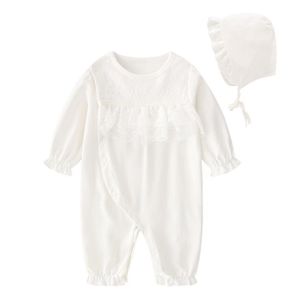 Pasgeboren babymeisje kleren set boetiek formele prinsesstijl kanten jumpsuit hoeden 2-delige zachte babycirls rompers cadeaus