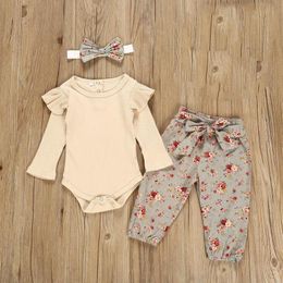 Nouveau-né bébé fille vêtements ensembles infantile manches longues barboteuse hauts + pantalon à fleurs + bandeaux ensemble tenues bébé bébé fille ensemble de vêtements