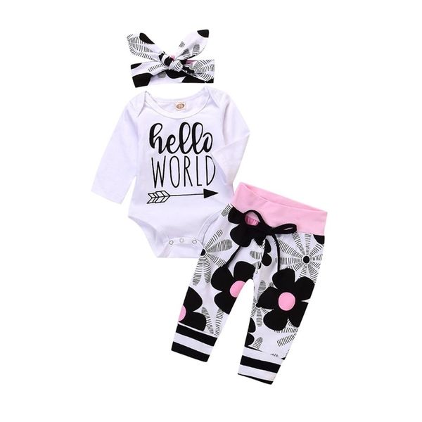 Nouveau-né bébé fille ensembles de vêtements lettre imprimée Hello World Tops barboteuse + pantalon floral + chapeau 3PCS infantile garçon fille ensembles de vêtements 210309