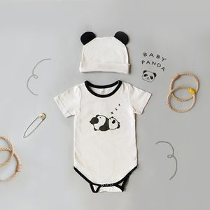 Pasgeboren baby meisje katoen panda gedrukt patroon bodysuit zomer nieuwe peuter jongen panda staart decoratie bodysuits + panda oorhoed 210413