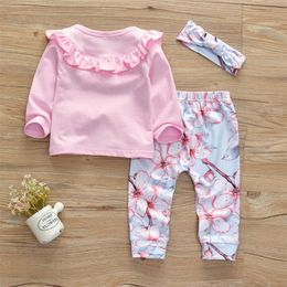 geboren babymeisjes kleding baby schattige vouw ruche ruche lange mouw topspantsheadband outfit set peuter meisjes kleding lj201223