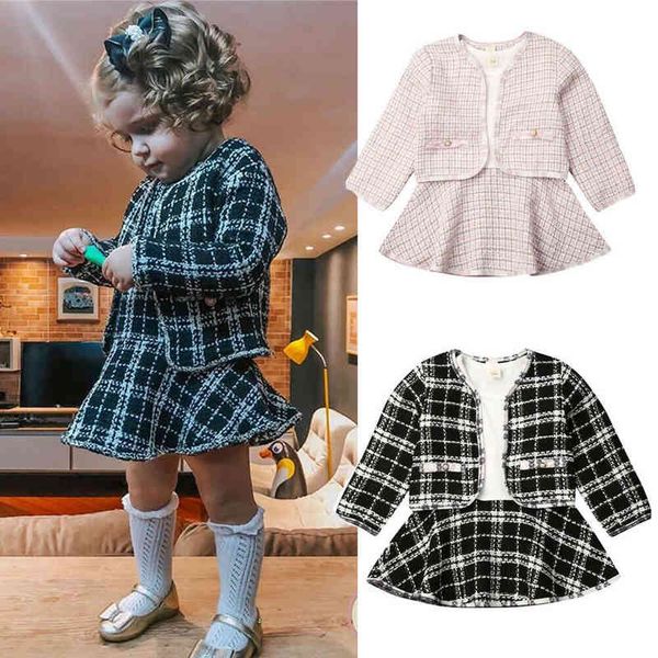 Nouveau-né bébé filles robe princesse plaids manteau à manches longues vêtements d'extérieur tutu patchwork robe + cardigan 2 pièces tenue vêtements mignons G220217