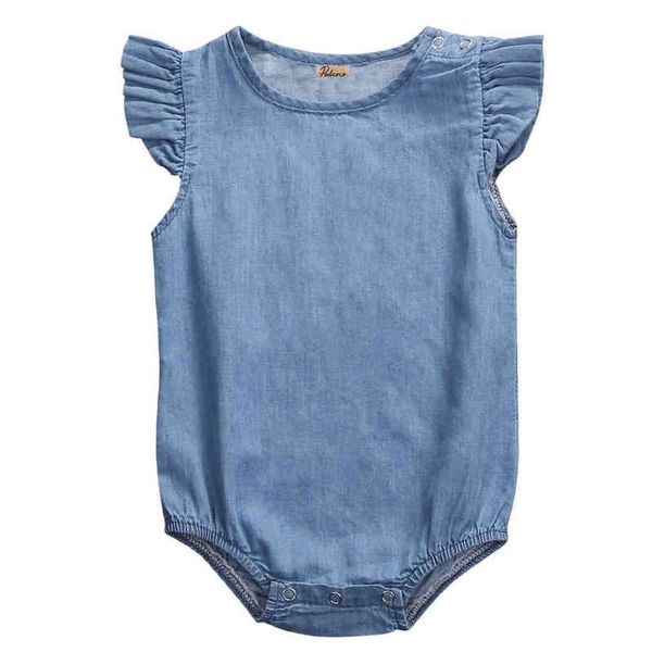 Nouveau-né bébé filles mouche manches barboteuse nouveau-né denim couleur unie combinaison sans manches body 0-24 m protection solaire respectueux de la peau G220521