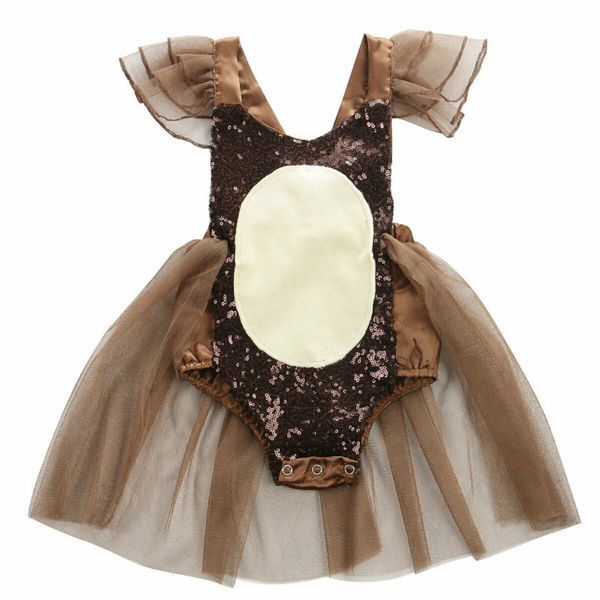 Nouveau-né bébé filles paillettes barboteuse manches volantes maille Tutu robe barboteuse princesse robe de soirée marron body combinaison tenue Q0716