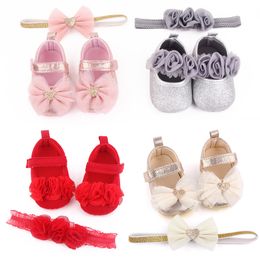 Nouveau-né bébé filles chaussures avec bandeau fleur imprimé nœud enfants chaussures infantile enfant en bas âge semelle souple fête princesse chaussures