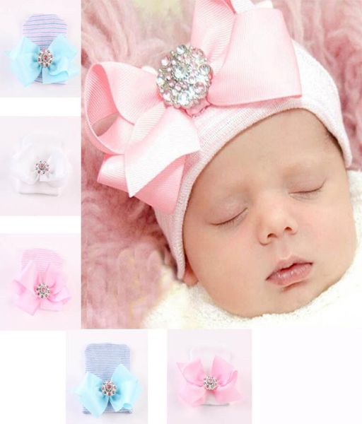 Nouveau-né bébé chapeau bébé fille bonnet tricoté grand nœud brillant cristal pierre rayure solide casquette de couverture 62143252