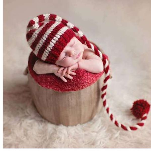 Nouveau-né bébé tricoté longues queues chapeau de noël nouveau-né photographie accessoires rouge blanc rayure bébé chapeaux bébé Photo accessoires