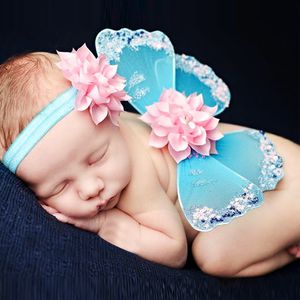 Pasgeboren baby foto gebruik vlinder vleugel met bloem hoofdband set zuigeling fotografie rekwisieten kostuum baby engel vleugels haaraccessoires Baw07