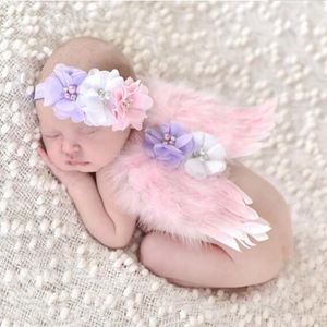 Pasgeboren babyfotografie rekwisieten kostuum schattig baby meisje bloem veer hoek vleugels + hoofdband baby-accessoires foto rekwisieten outfits 0-6m