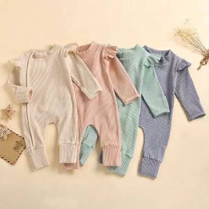 Pasgeboren Baby Geribbelde Jumpsuits Lange Mouw Rits één Stuk Bodysuit Kinderkleding Jongens Baby Meisjes Romper