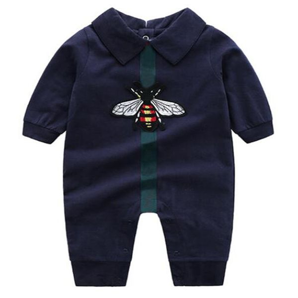 Nouveau-né bébé barboteuse petite abeille blanc bleu foncé coton infantile garçon fille combinaisons revers manches longues Onesies enfant en bas âge vêtements