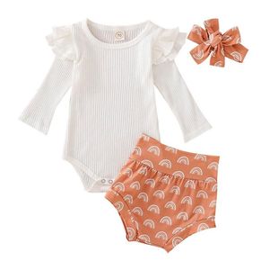 Sorceau de bébé nouveau-né les couleurs solides Baby grenouilles à manches longues sur les enfants à manches longues avec arc-en-ciel avec un bandeau en tout-petit des vêtements pour bébé 4362251