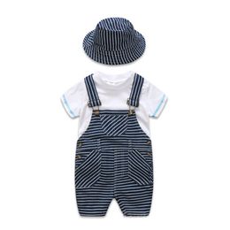 Pasgeboren Baby Zomer Jongen Kleding Baby Outfits Kinderkleding 3 stks/set Wit T-shirt + jarretel Broek + hoed Jongens Sets