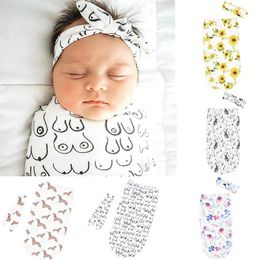 Pasgeboren baby swaddle deken boog hoofdband 2 pc's slaapzakken wikkel bloem bedrukte cartoon slaapzakken kerstfotografie prop 5 stijlen