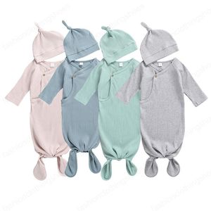 Sacs de couchage Nouveau-né bébé Swaddle Blanket hat 2 pcs Wrap INS Toddler Cartoon Sleeping Sacks Photographie Prop fosse tricoté solide Infant Sac de couchage