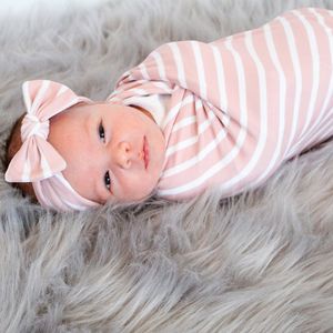 Pasgeboren Baby Swaddle Deken met Bowknot Hoofdbanden Baby Zuigeling Leuke Streep Swaddling Wrap 2 stks Set Photography Props BHB41