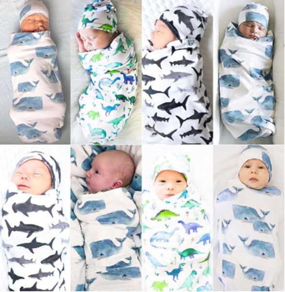 Nouveau-né bébé Swaddle Wrap sacs de couchage chapeaux 2 pièces ensemble INS dessin animé imprimé animal couverture d'emmaillotage dormir Swaddles Cap coton Wrap B5993223