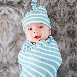 Pasgeboren baby swaddling deken hat pak swaddle wrap doek voor meisjes jongens blauwe streep met hoed 2 stks set baby fotografie rekwisieten bhb40