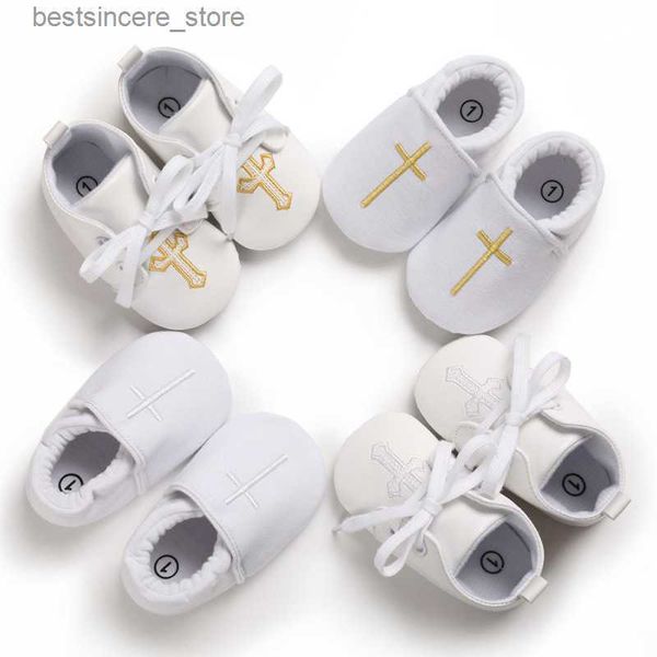 Zapatos de bautismo blancos para bebés recién nacidos, zapatos suaves antideslizantes para niños pequeños, niñas, bautizo, iglesia dorada, suela cruzada, zapatos para primeros pasos para bebés L230522