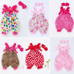 Pasgeboren babymeisjes bloeiers bloemen rompers met hoofdbanddekselsets peuter luier deksels baby shorts ruches short kid outfits m4167