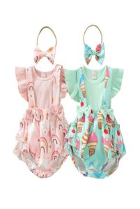 Pasgeboren kleding sets meisjes outfits babykleding babykleding zomer regenboog ijs korte mouw shirts banden shorts bows hea6160474