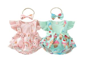 Pasgeboren kleding sets meisjes outfits babykleding babykleding zomer regenboog ijs korte mouw shirts banden shorts bows hea4146422