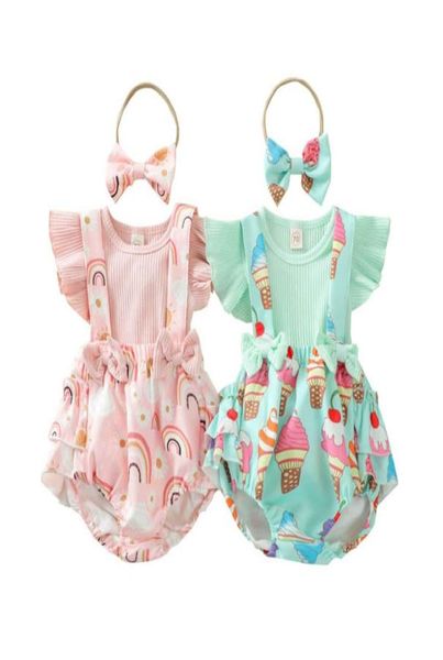 Conjuntos de ropa recién nacida Trajes de niñas ropa de bebé para bebés Summer Rainbow Ice Cream Camisetas de manga corta Corresas Bows Bows HEA6160474