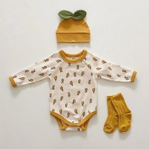 Pasgeboren meisje jongen katoen herfst citroen print jumpsuit lange mouw bodysuit met hoed 2 stks baby kleding outfits 210309