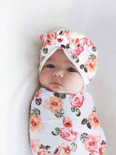 Nouveau-né fille fleur imprimé Wrap couverture chapeau Photo tenue SHE