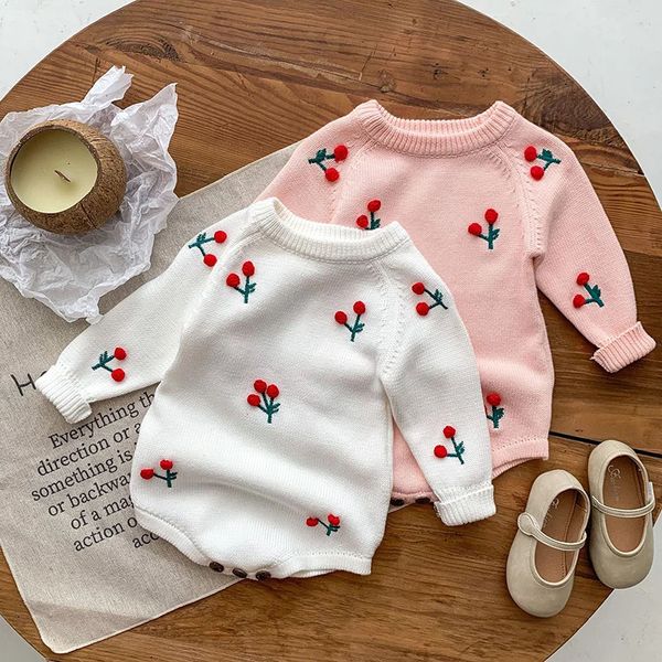 Mono para niña recién nacida, mono tejido para niña, mono con bordado de cerezas y botones de manga larga, ropa cálida para niños de primavera 240315