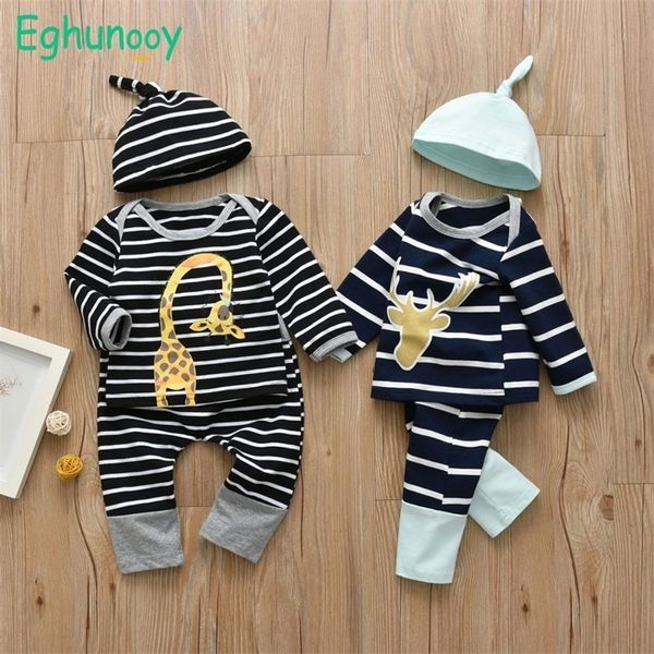 Nouveau-né bébé bébé garçons vêtements ensemble girafe motif à manches longues rayé t-shirt pantalon décontracté chapeau 3 pcs vêtements pour tout-petits tenues 210309