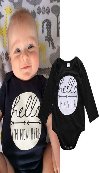 Mameluco de algodón para bebés recién nacidos, niños y niñas, i039m, nuevo aquí, mono negro de manga larga para niños, mono estampado con hola, ropa informal 3882684