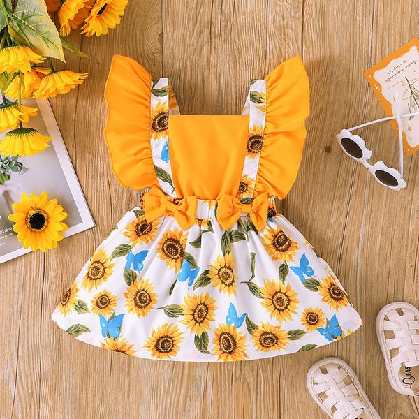 Nouveau-né infantile bébé filles robes été mode ruché mouche manches robe florale tournesol imprime robe nœud papillon jupes baptismales