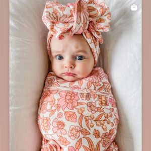 Pasgeboren baby baby swaddle slaapdoek bloemen baby mousseline deken met hoofdband 2 stks/set