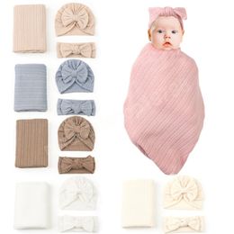 Pasgeboren baby deken Kinderen Wikkel doek met hoed knoop hoofdband set babymeisjes foto rekwisieten verjaardag cadeau cadeau