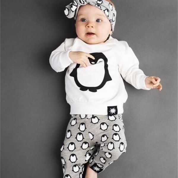 Nouveau-né vêtements pour bébés tenues mode à manches longues pingouin T-shirt + pantalon + bandeau 3 pièces bébé garçons filles vêtements ensembles 210309