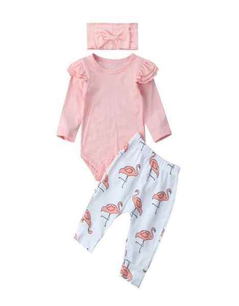 Nouveau-né vêtements pour bébés automne bébé fille vêtements ensemble rose à volants à manches longues hauts dessin animé flamant pantalon bandeau tenues LJ2012231649222