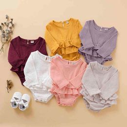 Pasgeboren kind Baby Girl Bodysuit Solid Color Katoen Linnen Lange Mouw Romper Tutu -jurk Ruche Outfit Autumn G220521