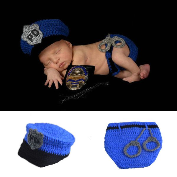 Nouveau-né Police Conception Photographie Props Chapeaux Infant Toddler Costume Outfit Crochet Bébé Vêtements Outfit