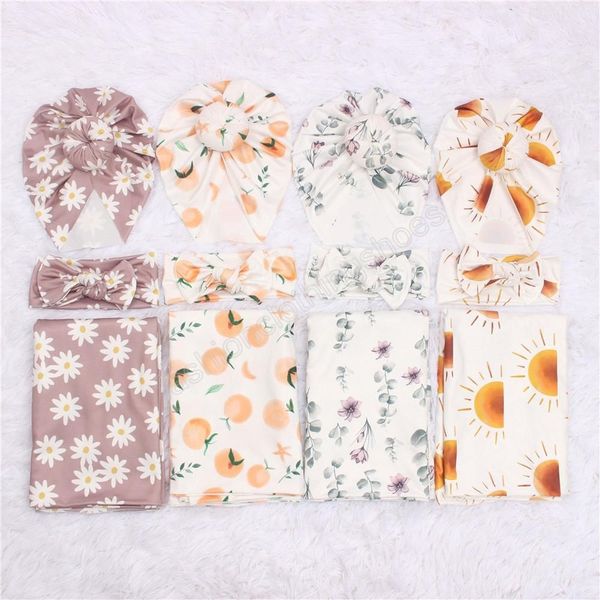 Sacchi nanna stampati per neonato, cappello a ciambella, fascia per capelli e coperta, completo di tre pezzi, set di asciugamani per fascia da bambino