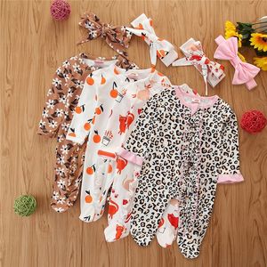 Ropa de mameluco para recién nacidos Monos con cremallera y estampado de gatos y frutas de leopardo floral + Diademas 2 piezas / set Boutique Ropa para bebés M3299