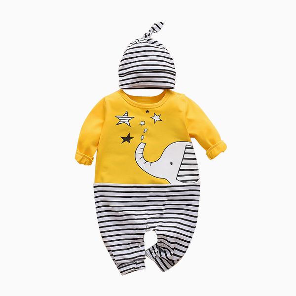 Nouveau-né barboteuse enfants vêtements à manches longues imprimé éléphant rayé barboteuse bébé garçons filles vêtements combinaison chapeau 2 pièces bébé tenues printemps automne