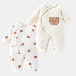 Neugeborenen-Strampler mit Rundhals-Babykleidung, Herbst und Winter verdickt, 0–12 Monate alte Baby-warme Pyjamas, Baumwoll-Clip-Baby-Overall