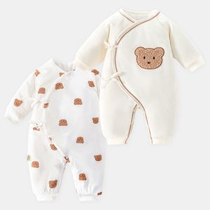 Neugeborenen-Strampler mit Rundhals-Babykleidung, Herbst und Winter verdickt, 0–12 Monate alte Baby-warme Pyjamas, Baumwoll-Clip-Baby-Overall