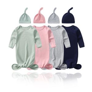 Sacs de couchage pour nouveau-né, chapeau d'emmaillotage pour bébé, 2 pièces, enveloppe en coton solide avec nœud, vêtements de sommeil