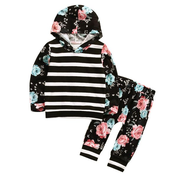 Nouveau-né enfant en bas âge bébé filles vêtements rayé Floral noir à manches longues à capuche hauts + pantalon 2 pièces enfants tenues ensemble enfants vêtements filles costume