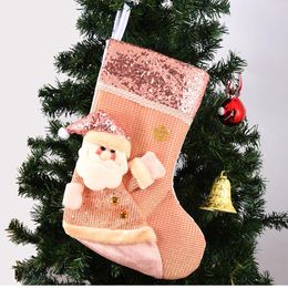 NewChristmas Tree Decoratie Kous Roze Pailletten Xmas Party Decor Hanging Stocking Santa Claus Kinderen Gift Candy Sokken Tas Lle9082