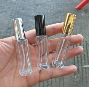 NEWClear Portable Glass Perfume Spray Bottle 10ml 20ml Envases cosméticos vacíos con atomizador Gold Silver Cap Botellas de fragancia RRA9683