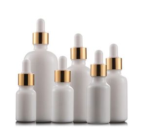 Más nuevo 10 ml 15ml 20ml 30ml 50ml 100 ml de botellas de gotero de vidrio contenedores cosméticos de aceite esencial de porcelana blanca con gorra de oro